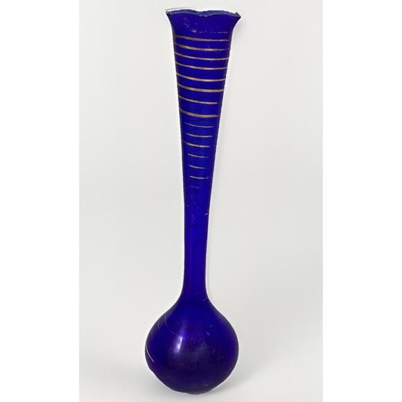 Vintage Cobalt Blue Glass Vase With Gold Stripes - 12”H - Picture 1 of 9